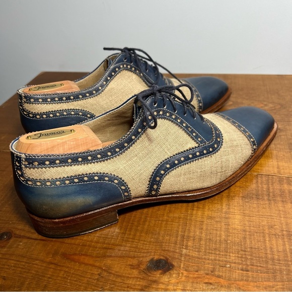 Romano Martegani for Francos handmade brogue oxford blue leather cream linen 9.5 - Picture 6 of 15